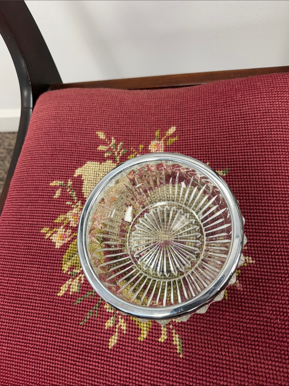 Cut Glass Serving Bowl with Silver Rim - Red Cushion Accent